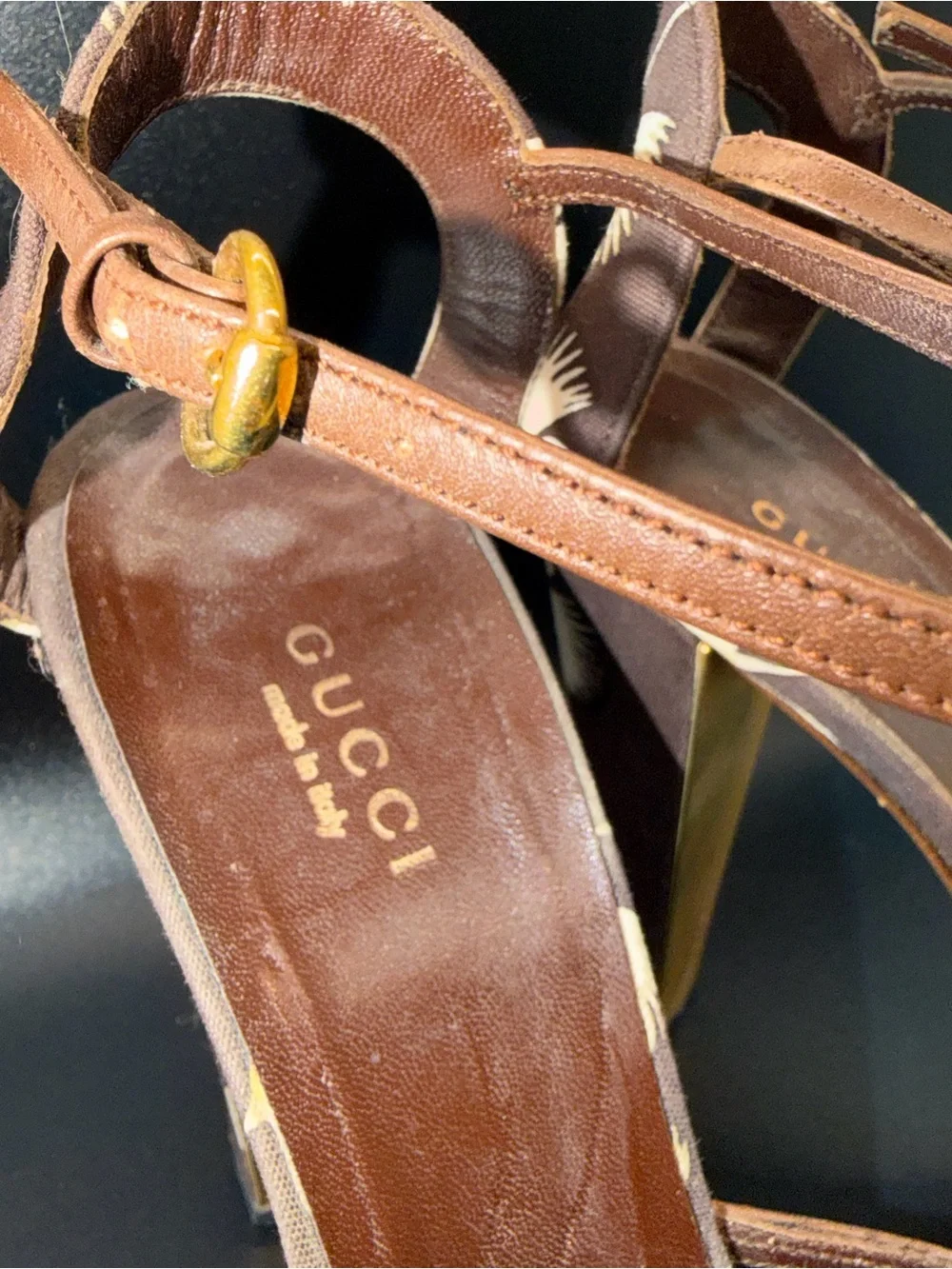 Rare Vintage Gucci Sandals Heels Brown Leather & Flowers Early 2000 Y2K Fits 7.5
